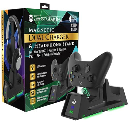 Charging Station for Xbox Series X, S, Xbox Elite, Xbox One, PS5, PS4 Controllers Dual Charger with Headphone Stand (Black with Green LED Glow) Includes Rechargeable Battery Pack
