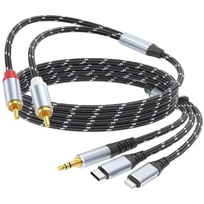 3.5mm to RCA Cable, Lightning to RCA Male to Aux Audio Adapter HiFi Sound Headphone Jack Adapter,(3 in 1 Audio Cable) Connector for iPhone/iPad Speaker MP3 Tablet HDTV(4FT) - size: 3.3FT, style: 3IN2RCA