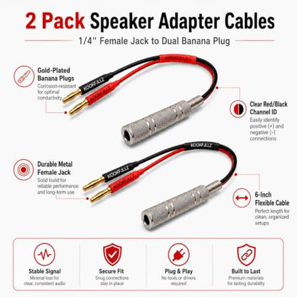Speaker Cable - 1/4 Inch to Banana Plug Adapter Cable (6-inch) - Gold Plated Audio Connector for Amplifiers, DJ Equipment & Studio Speakers(2-Pack)