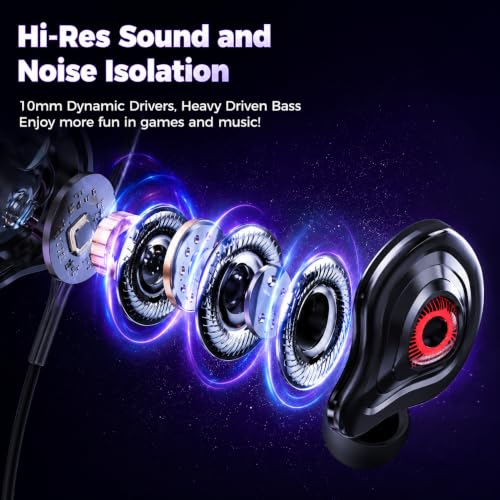 Wired Gaming Earbuds with Mic, Deep Bass in-Ear Headphones for PS5 PC Online Class(Red) - color: Red