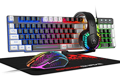 Wired Rainbow LED Backlit Keyboard and Mouse, Over Ear Headphone with Mic, Gaming Mice and Pad, for PC, Xbox and PS4 (Black/White) - color: Black/White