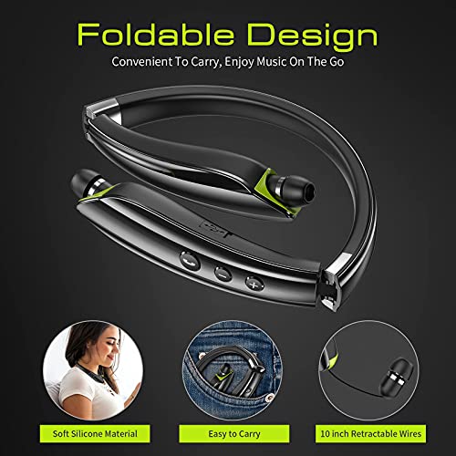 Bluetooth Headset, Neckband Bluetooth Headphones with Retractable Earbuds | 2026 Upgraded Noise Cancelling Stereo Earphones with Mic, Foldable Wireless Headphones for Sports Office w/Carry Case(Black) - color: Black