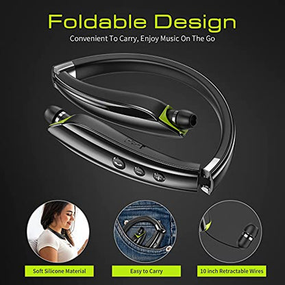 Bluetooth Headset, Neckband Bluetooth Headphones with Retractable Earbuds | 2026 Upgraded Noise Cancelling Stereo Earphones with Mic, Foldable Wireless Headphones for Sports Office w/Carry Case(Black) - color: Black