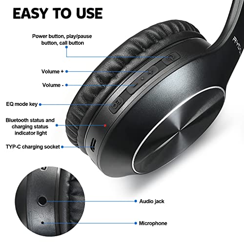 Rydohi Bluetooth Headphones Over Ear, 68H Playtime and 3 EQ Music Modes Wireless Headphones with Microphone/Deep Bass, HiFi Stereo Foldable Lightweight Headset for PC Home Travel Office （Black - color: Black
