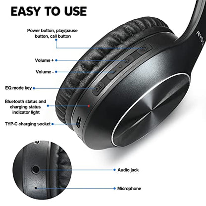 Rydohi Bluetooth Headphones Over Ear, 68H Playtime and 3 EQ Music Modes Wireless Headphones with Microphone/Deep Bass, HiFi Stereo Foldable Lightweight Headset for PC Home Travel Office （Black - color: Black