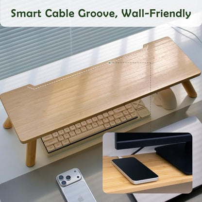 Bamboo Monitor Stand Riser with Cable Routing Slot and Storage
