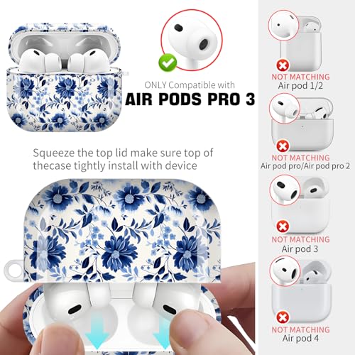 for AirPods Pro 3 Case (2025), Cute Cover Compatible with AirPod Pro 3rd Generation Shell with Rose Gold Keychain Earbuds Case for Women（Dark Blue Flowers） - color: dark blue flowers