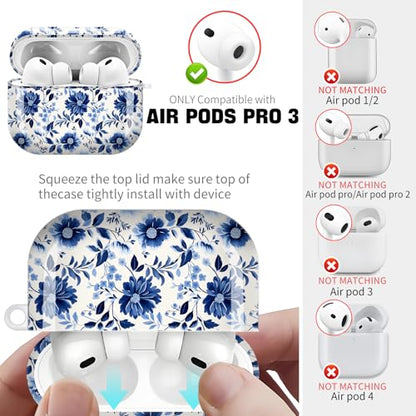 for AirPods Pro 3 Case (2025), Cute Cover Compatible with AirPod Pro 3rd Generation Shell with Rose Gold Keychain Earbuds Case for Women（Dark Blue Flowers） - color: dark blue flowers