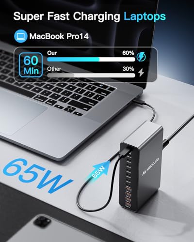 12 Ports Aluminum Alloy MEKIOJEO 380W Charging Station USB C Charger Block | 65W Laptop Fast GaN Charger for MacBook Pro/Air/iPad Pro/iPhone - color: Gray