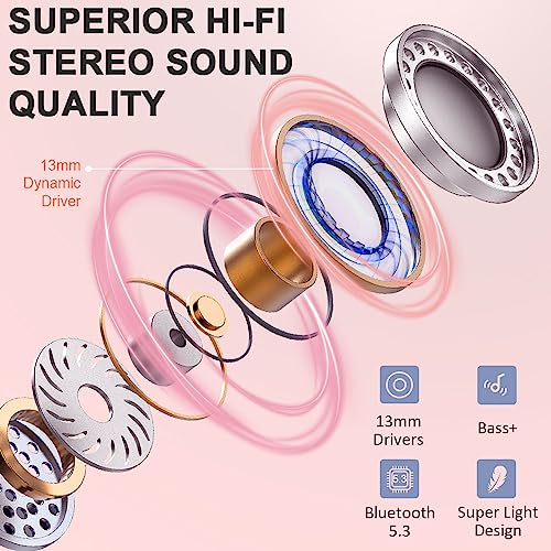 Wireless Earbuds, Bluetooth Headphones, Stereo Bass Ear Buds with ENC Noise Cancelling Mics,42H Bluetooth Earbuds with LED Display Charging Case, IP7 Waterproof Earphones for Android iOS/Light pink - color: Light pink
