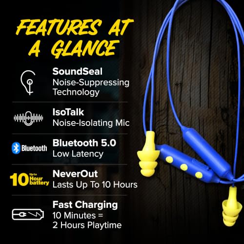 Plugfones Basic Pro Bluetooth Earplug Headphones for Work, OSHA Compliant | 25dB NRR Hearing Protection Earplugs, Wireless Safety Earbuds, Noise Isolating Mic, Construction, Warehouse, Blue & Yellow - color: Blue, Yellow