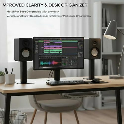 Tlingt Desktop Speaker Stands Pair, 6"x6.7" Metal Tray, 8" Tall | Heavy-duty Metal Tray, Perfects for 3"- 4" Monitors & Bookshelf Speakers, Sturdy Base, Compact Size for Home/Studio - size: 8" Tall