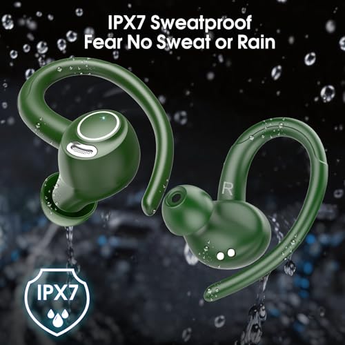 Wireless Sports Earbuds with Earhooks, 48H Deep Bass/ENC Mic Ear Bud Green | Wireless Earphone with LED Display, Bluetooth 5.3 Headphones In Ear, IPX7 Waterproof Over Ear Buds for Running/Workout - color: Green