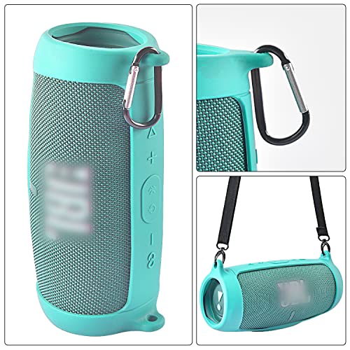 Comecase Silicone Speaker Cover for JBL Charge 5 with Strap and Carabiner | Snug Silicone Sleeve, Open-Port Design and Dual Carry Options for Travel, Camping and Daily Use, Speaker Not Included - Teal - color: Teal