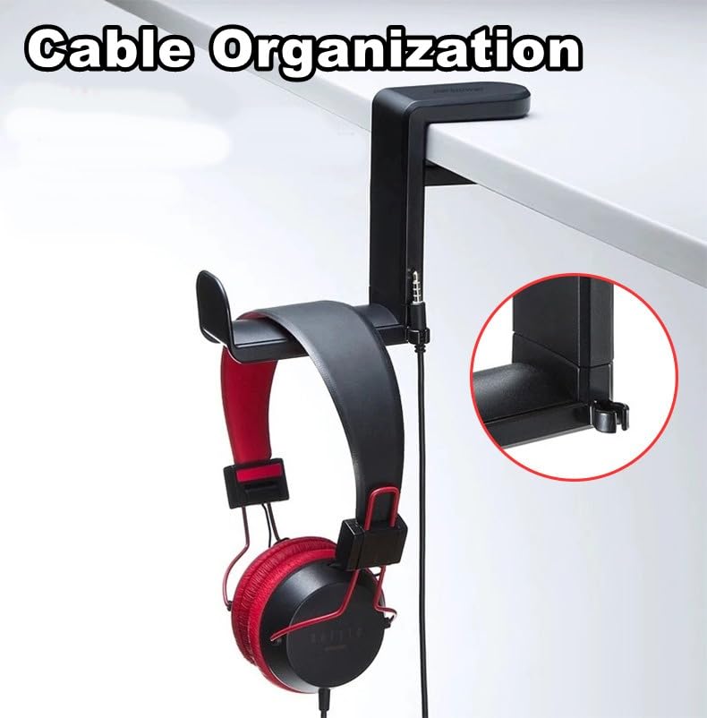 PC Gaming Headset Headphone Hook Holder Hanger Mount, Headphones Stand with Adjustable & Rotating Arm Clamp, Under Desk Design, Universal Fit, Built in Cable Clip Organizer