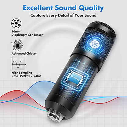 Bwrethay USB Microphone,Professional Microphone 192kHz/24Bit Plug & Play PC Computer Condenser Cardioid Mic Kit with Adjustable Boom Arm Stand Shock Mount,for Podcast,Streaming,StudioRecording, Black