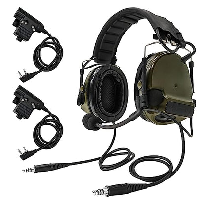HEARFALCOM Dual Communication Tactical Headset with PTT Adapters U94 PTT Compatible with UV-5R, UV-82 Walkie Talkie Suitable for Airsoft Sports, Hunting, Hearing Protection(FG) - color: Green