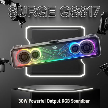 Redragon GS817 RGB Desktop Soundbar, 2.0 Channel Stereo Speakers for Desktop w/Massive 30W Max Power, Touch-Control, Wireless 5.3 & 3.5mm AUX Inputs, Black