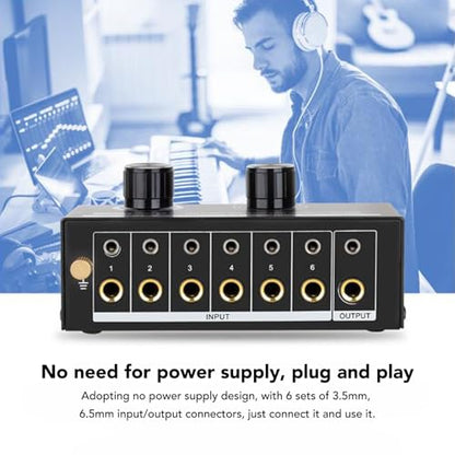 6 Way Sound Switcher, 6 Input 1 Output Sound Switcher Volume Control 3.5mm 6.35mm Sound Signal Selector