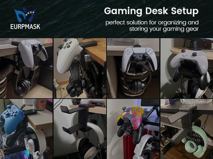 3in1 Rotating Headphone Holder - EURPMASK 3in1 PC Gaming Headset Holder w/Detachable Controller Holder, Adjustable Clamp-on Headset Stand,Headphone Hanger Hook Under Desk w/Cable Clip Organizer,Black - color: Gaming Combo Black
