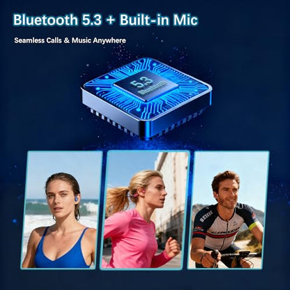 Bone Conduction Headphones IP68 Waterproof Swimming Headphones with Mic Bluetooth Open Ear Earbuds with MP3 Mode 32GB Memory Deep Bass Secure Fit Hearing, Blue - color: Blue&Red
