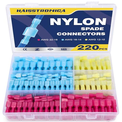 haisstronica 220 PCS Nylon Spade Connector, Male/Female, AWG 22-10 | Thick Crimp Barrels, Thick-Wall Nylon Sleeves, Auto and Trailer Repairs, Marine Wiring, Quick-Disconnect Wire Crimp Terminals - size: 220 PCS