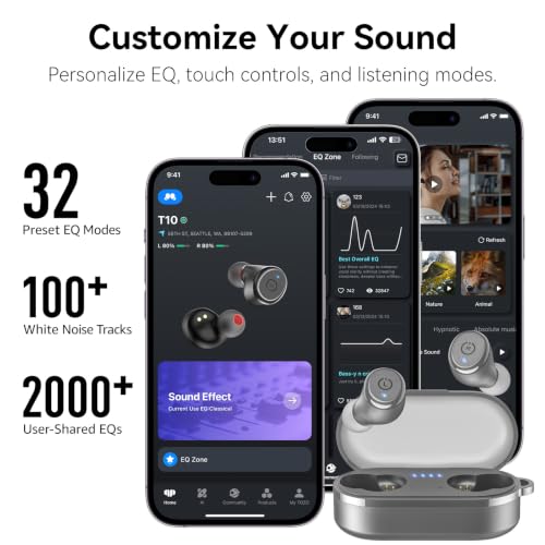 TOZO T10 Wireless Earbuds Powerful Bass Stereo Wireless Charging, APP, IPX8 | Waterproof, 55H Playtime, Ergonomic Design In Ear buds, App Customize EQ, Bluetooth 5.3 Headphones for Work, Travel, Gray - color: Matte Gray