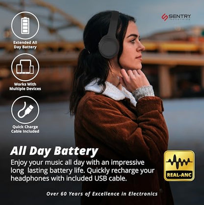 SENTRY OSH Over Ear Bluetooth Wireless Headphones, Active Noise Canceling -20dB Reduction, 22 Hour Battery Life, Control Buttons, Built in Microphone, USB C Charging and Carrying Case Included - color: Black