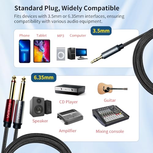 RIVIERA 6FT/1.8M Audio Cable 3.5mm 1/8" TRS to Dual 6.35mm 1/4" TS Braided Sheild Copper Wire and 24K Gold Plated Low Noise with Braided Nylon Jacket for Digital Players & Musical Instruments - color: 1/8 TRS-Dual 1/4 TS Black, size: 6FT/1.8M
