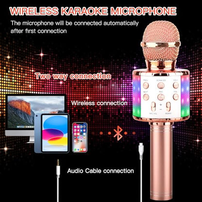 ShinePick Karaoke Microphone, 4 in 1 Wireless Microphone with LED Lights Handheld Portable Karaoke Machine, Home KTV Player, Compatible with Android & iOS Devices(Pink) - color: pink