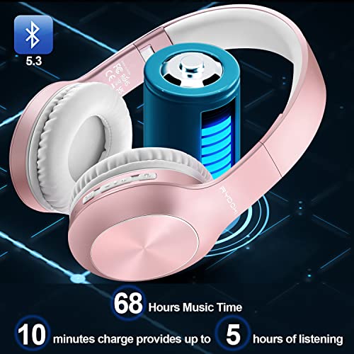 Rydohi Wireless Bluetooth Headphones Over Ear 68H Playtime HiFi Stereo Headset with Microphone and 3EQ Modes Foldable Bluetooth V5.3 Headphones for Travel Smartphone Computer Laptop - color: Rose