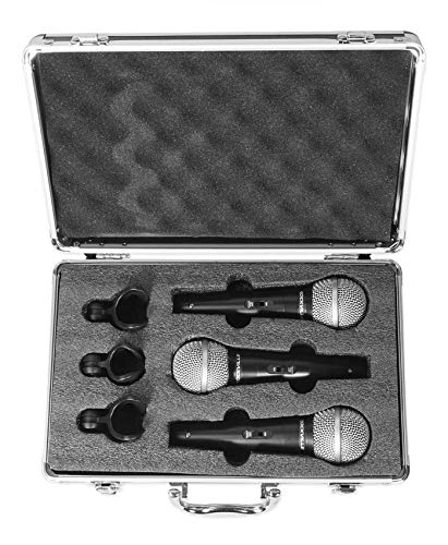 Rockville RMC-3PK Dynamic Microphones 3 Pack, Uni-Directional, Metal Build, XLR, Clear Sound, Low Background Noise, Durable Case, for Vocals, Instruments, DJs | Aluminum Carry Case, Dynamic, Neodymium, Uni-Directional, XLR, Mic Clips Included, Stand Mount