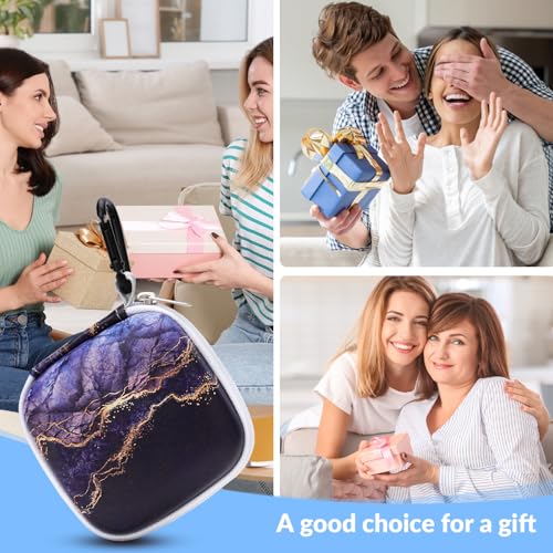Unique Patterned Portable EVA Earbud Case with Carabiner | Printed Earbud Holder With Sturdy Carabiner, Multi-Use Storage For Earphones, Headphones, SD Cards & Small Electronic Chips - color: Golden Purple Marble