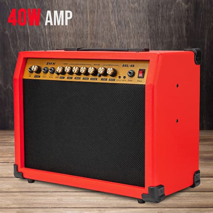 LyxPro 40 Watt Electric Guitar Amplifier | Combo Solid State Studio Amp with 8” 4-Ohm Speaker, Custom EQ Controls, Drive, Delay, ¼” Passive/Active/Microphone Inputs, Aux In & Headphone Jack - Red - color: Red, size: 40 Watt