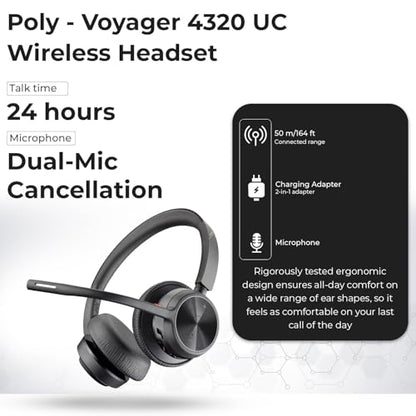 Poly Voyager 4320 UC Wireless Headset & Charge Stand - Stereo Headphones with Noise-Canceling Boom Mic + Charging Station + USB-C to A Adapter + USB C Dongle + USB A-C Cable + Pouch + Microfiber Cloth