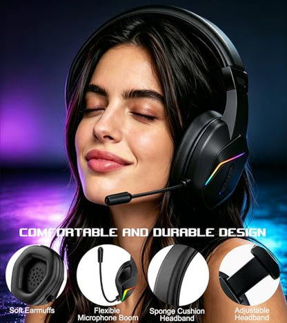 Wireless One Ear Headset with Mic, Single Ear Trucker Headset for PC/Computer/Laptop/Mac/iPad/iPhone/Android/Switch, Gaming Headphones with RGB Light, Mute Button for Truck Driver, Office Work, Chat