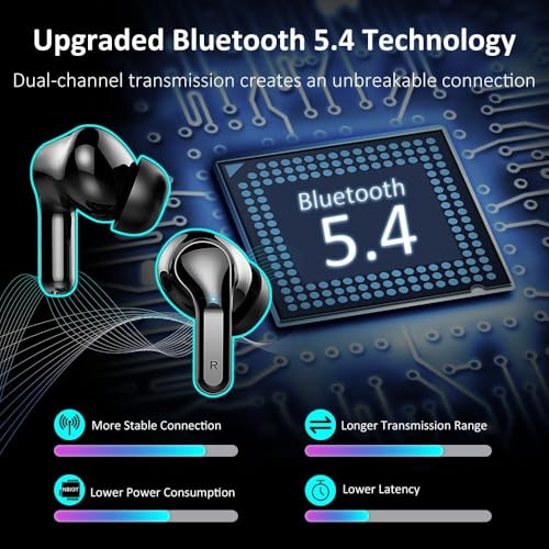 Wireless Earbuds, 2026 Bluetooth 5.4 Headphones NEW Ear Buds 40H Bass Stereo in-Ear Earphones ENC Noise Cancelling Earbuds with 4 HD Mic, USB-C LED Display IP7 Waterproof Sport Headset for Android iOS - color: Dark Black