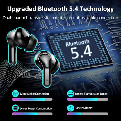 Wireless Earbuds, 2026 Bluetooth 5.4 Headphones NEW Ear Buds 40H Bass Stereo in-Ear Earphones ENC Noise Cancelling Earbuds with 4 HD Mic, USB-C LED Display IP7 Waterproof Sport Headset for Android iOS - color: Dark Black