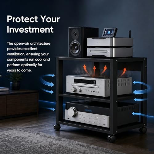 3 Tier Audio Rack Tower, CD Record Player Stereo Receiver AV Equipment Cabinet Display Rack, Weight Capacity 661 lbs, with Adjustable Wooden Shelves for Home (3 Tier Black) - size: 3 Tier Black