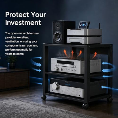 3 Tier Audio Rack Tower, CD Record Player Stereo Receiver AV Equipment Cabinet Display Rack, Weight Capacity 661 lbs, with Adjustable Wooden Shelves for Home (3 Tier Black) - size: 3 Tier Black