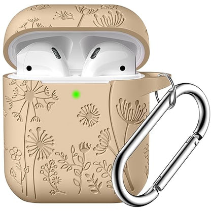 Lerobo for AirPod Case 2nd/1st Generation with Keychain | Flower Engraved Silicone Protective Cover for AirPods 2 Case, Wireless Charging, Led Visible, One-piece Design, Milk Tea - color: Milk Tea