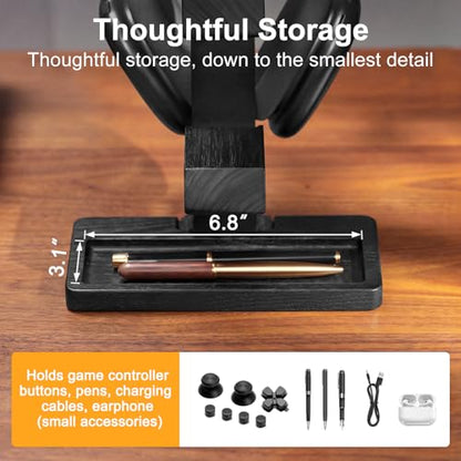 Solid Wood Controller Holder and Headphone Stand, Controller Stand for Desk | Dual Gaming Controller Organizer Rack, Fits Xbox, PS4, PS5, Gamepad, Headset Holder for Son, Husband, Boyfriend-Black