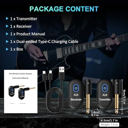 A14 Wireless Guitar System, 2.4GHz Rechargeable Transmitter Receiver, 24-bit 48KHz Audio, 100ft Range, Plug and Play, Compatible with Electric Guitar & Bass Accessories (1TX+1RX) - color: 1TX+1RX