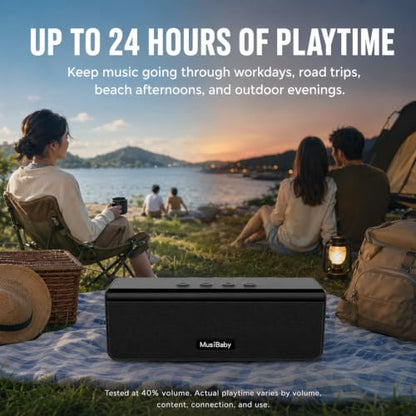 Musibaby M71 Small Portable Bluetooth Speaker, 10W, 24H, IPX5, Black | Rechargeable wireless outdoor speaker with stereo pairing, TF card, USB and AUX for camping, beach, poolside and travel.