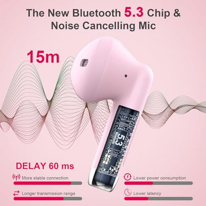 Wireless Earbuds, Bluetooth 5.4 Earbuds Stereo Bass, Bluetooth Headphones | in Ear Noise Cancelling Mic, Earphones IP7 Waterproof Sports, 32H Playtime USB C Charging Case Pink Ear Buds for Android iOS - color: Deep Pink