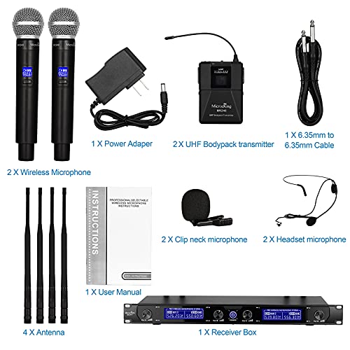MicrocKing UHF Wireless Microphone System, 2 Handheld/2 Lavalier, Metal | UHF Cordless Mic Set Ideal for karaoke, party, wedding & concert. 2 handheld mics, 2 lav bodypacks, fixed freq, long range. - style: 2 Bodypack mics+2 Handheld mics