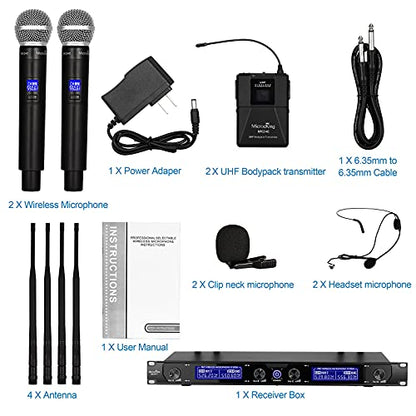 MicrocKing UHF Wireless Microphone System, 2 Handheld/2 Lavalier, Metal | UHF Cordless Mic Set Ideal for karaoke, party, wedding & concert. 2 handheld mics, 2 lav bodypacks, fixed freq, long range. - style: 2 Bodypack mics+2 Handheld mics