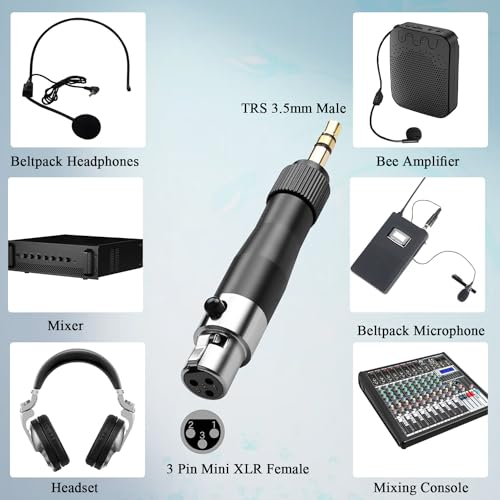 QIANRENON 3.5mm to Mini XLR Headset Adapter Lockable TRS 3.5mm Male to 3Pin Mini XLR Female Microphone Beltpack Connector Locking 1/8 to Mini XLR Balanced Audio Converter, for Wireless Mic Camcorder - style: F-M