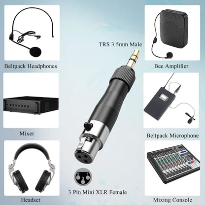 QIANRENON 3.5mm to Mini XLR Headset Adapter Lockable TRS 3.5mm Male to 3Pin Mini XLR Female Microphone Beltpack Connector Locking 1/8 to Mini XLR Balanced Audio Converter, for Wireless Mic Camcorder - style: F-M