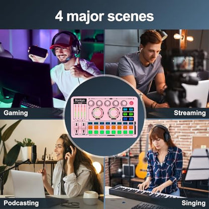 F999 Pink Live Streaming Sound Card, Professional Audio Mixer, Voice Changer Soundboard with Audio Interface, Bluetooth, Noise Reduction, DJ Mixer Board for Live/Podcasting/Gaming - color: Pink